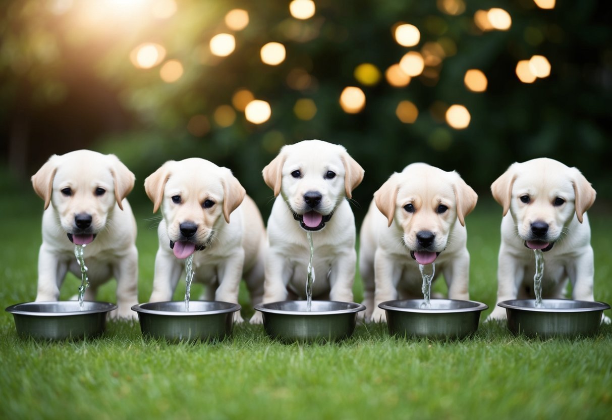 Six lab puppies eagerly lapping up fresh water from individual bowls placed in a row