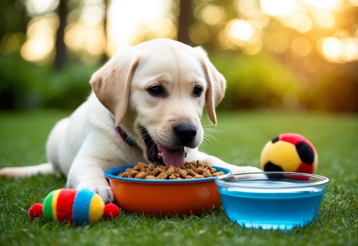 A lab puppy eagerly eating from a bowl of nutritious food, surrounded by toys and a water bowl