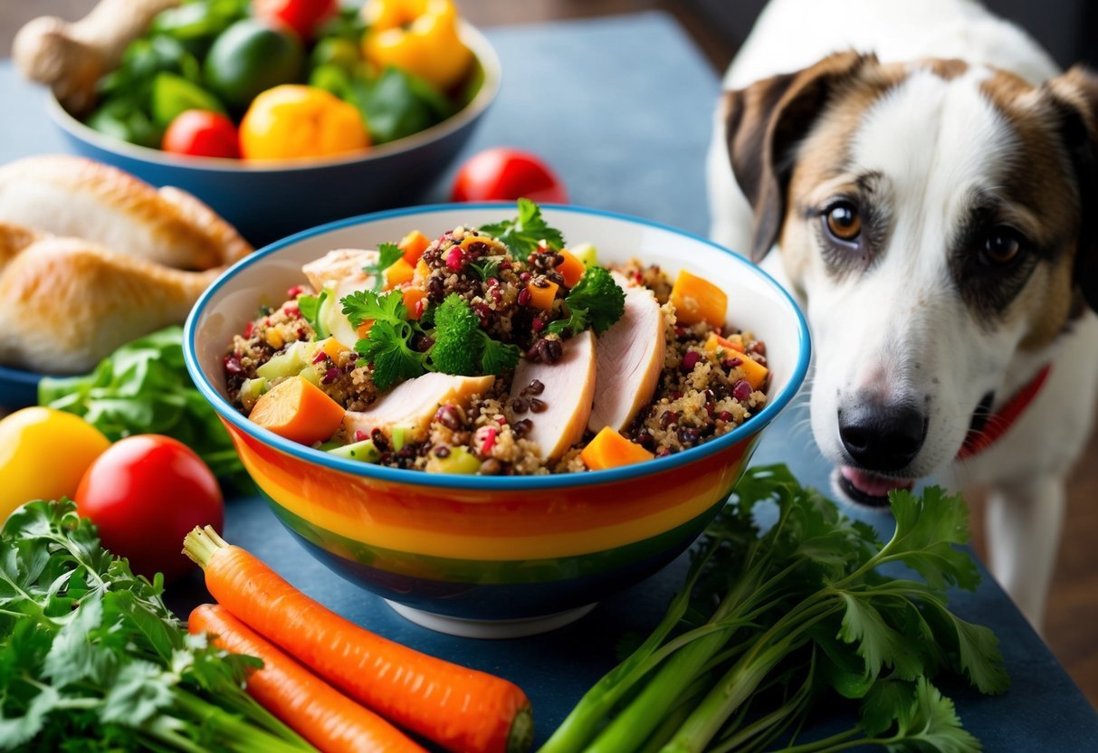 A colorful bowl filled with cooked turkey, quinoa, and various vegetables, surrounded by fresh ingredients and a dog eagerly waiting nearby
