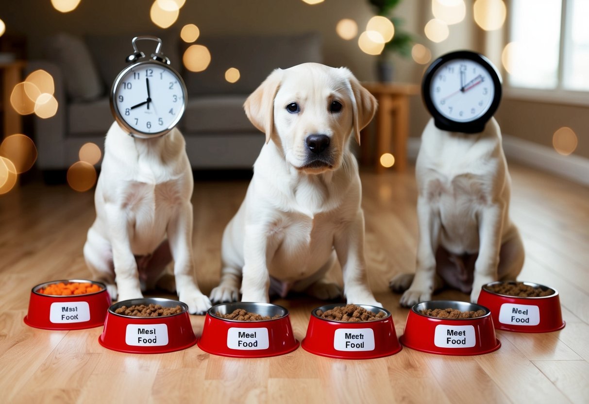 A labrador puppy surrounded by six labeled food bowls, each containing a portioned meal, with a clock showing the feeding schedule