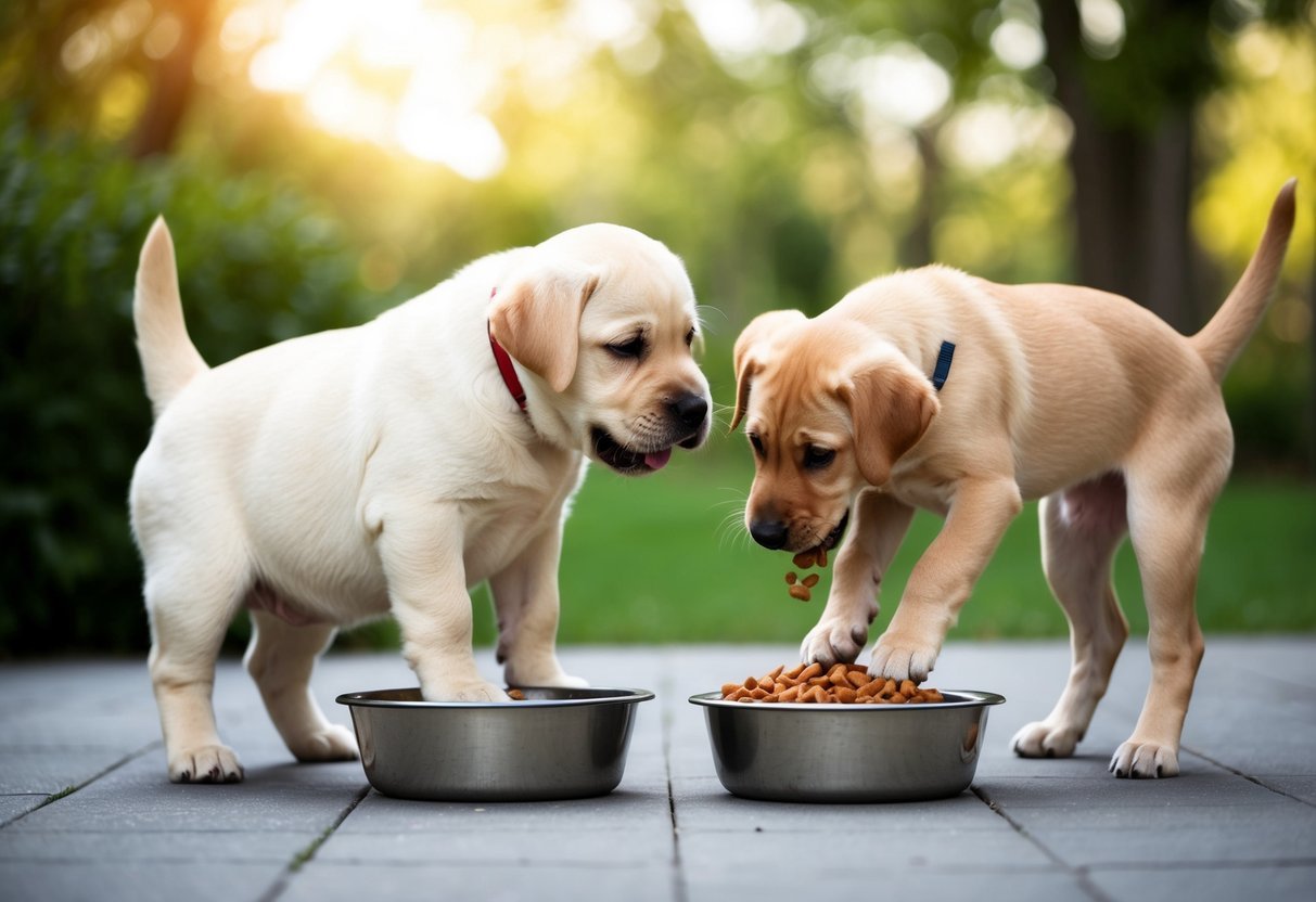 A chubby Labrador puppy struggles to stand while a skinny one eagerly devours food from separate bowls