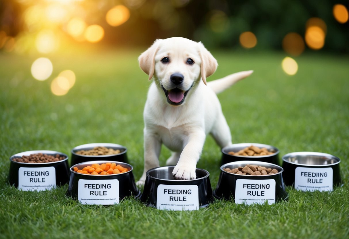 A playful lab puppy surrounded by six different food bowls, each labeled with a feeding rule