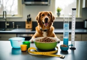 Happy dog in kitchen with food, measuring tools, and bowls