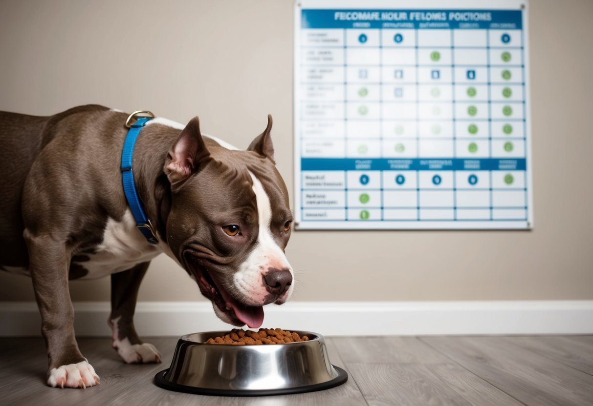 Brown and white pit bull eating from a food bowl, schedule chart in background
