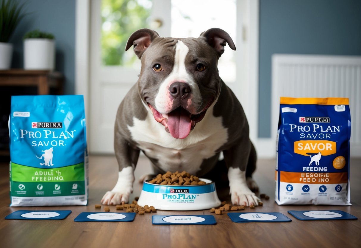 A pitbull eagerly eating Purina Pro Plan Savor Adult Dry Dog Food from a bowl, surrounded by five different feeding charts