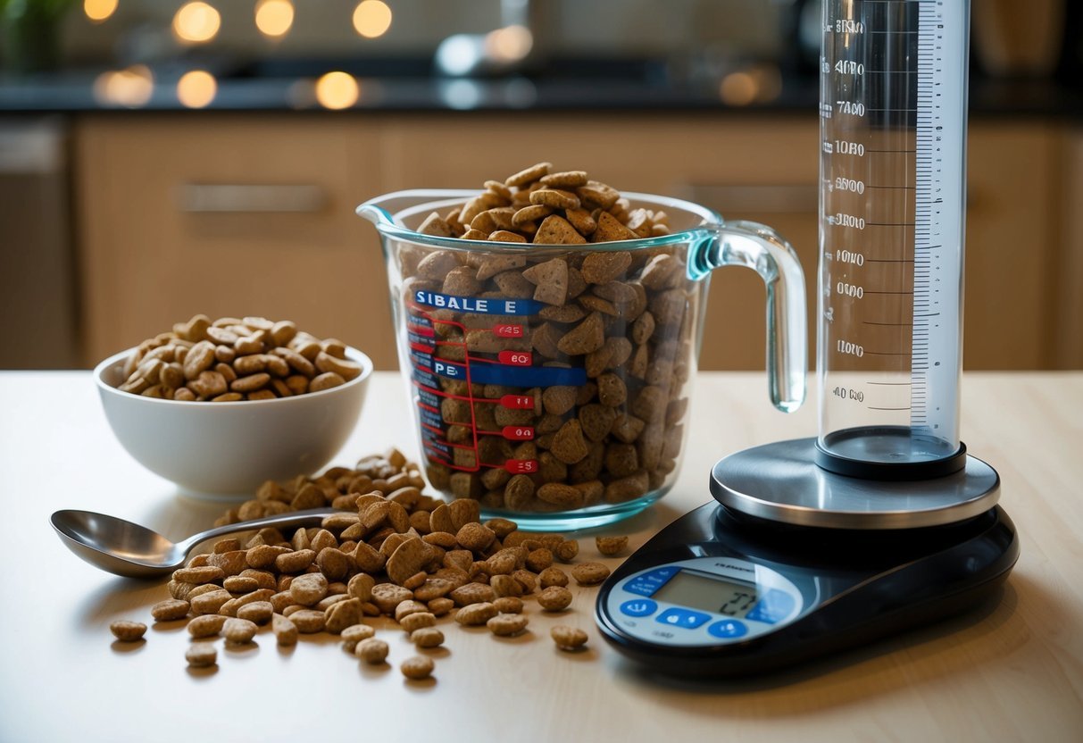 A measuring cup surrounded by kibble, a spoon, a small bowl, a graduated cylinder, and a kitchen scale