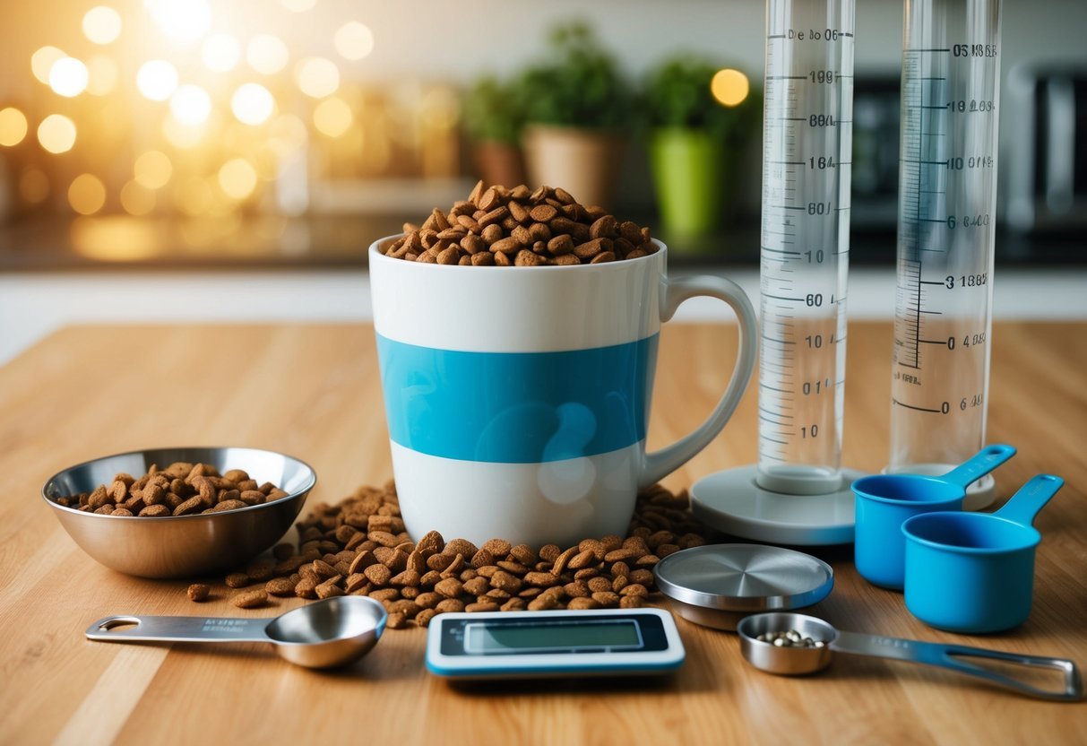 A standard cup surrounded by dog food, next to a measuring spoon, a kitchen scale, a graduated cylinder, and a set of measuring cups