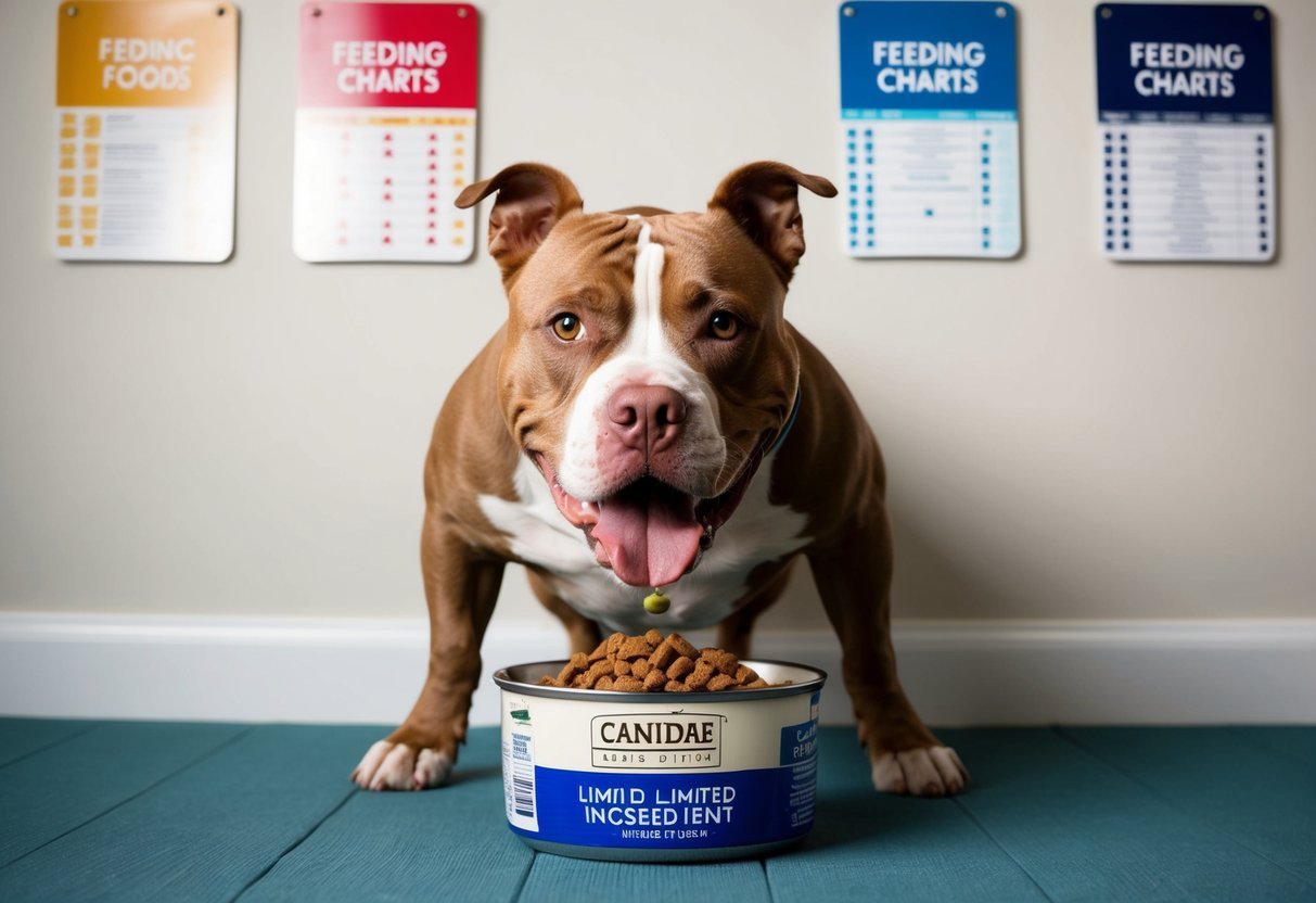 A pitbull eagerly eats Canidae Pure Limited Ingredient Dog Food from a bowl, surrounded by five different feeding charts on the wall