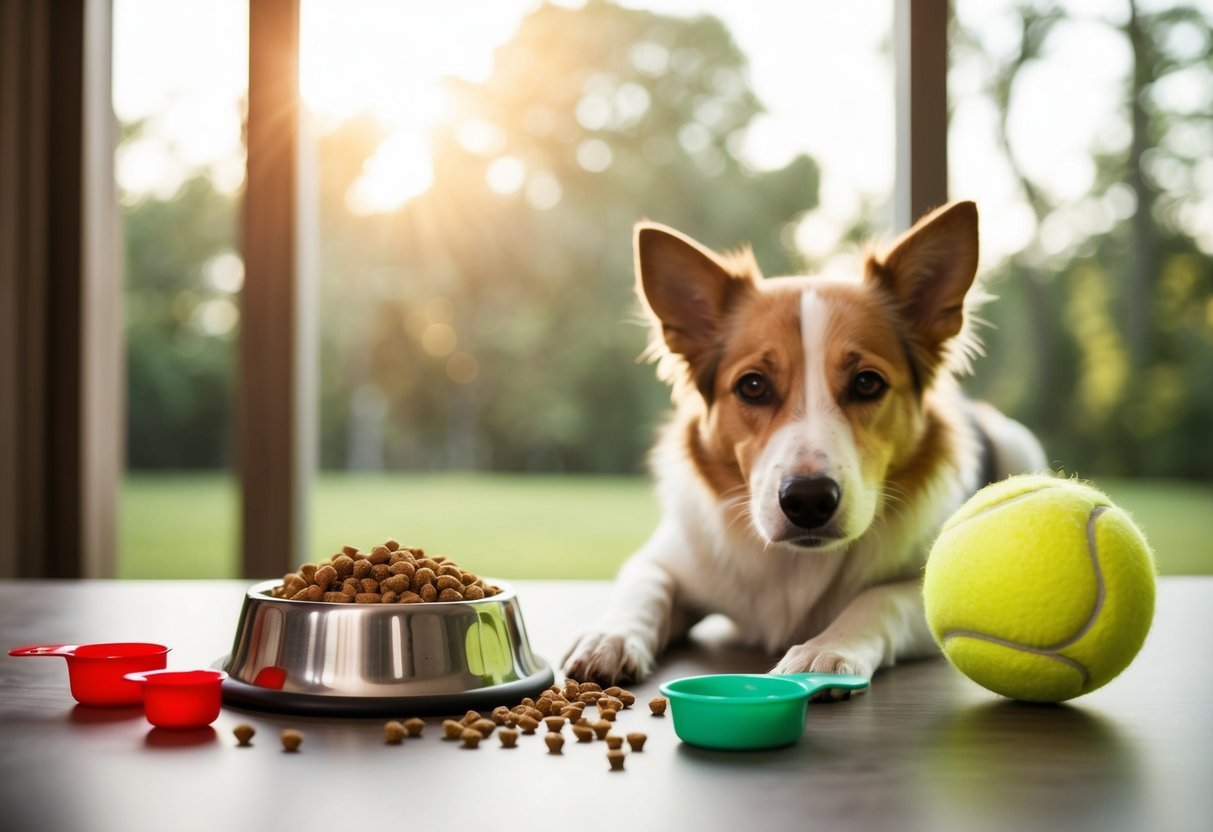 A dog food bowl next to a tennis ball, with measuring cups scattered around
