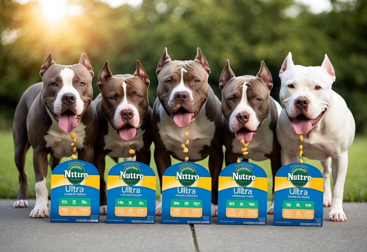 A group of five Pitbulls eagerly eating from Nutro Ultra Adult Weight Management feeding charts