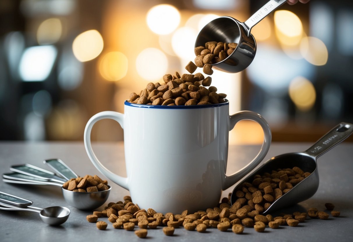 A coffee mug surrounded by measuring spoons and a scoop, with dog food spilling out in varying amounts