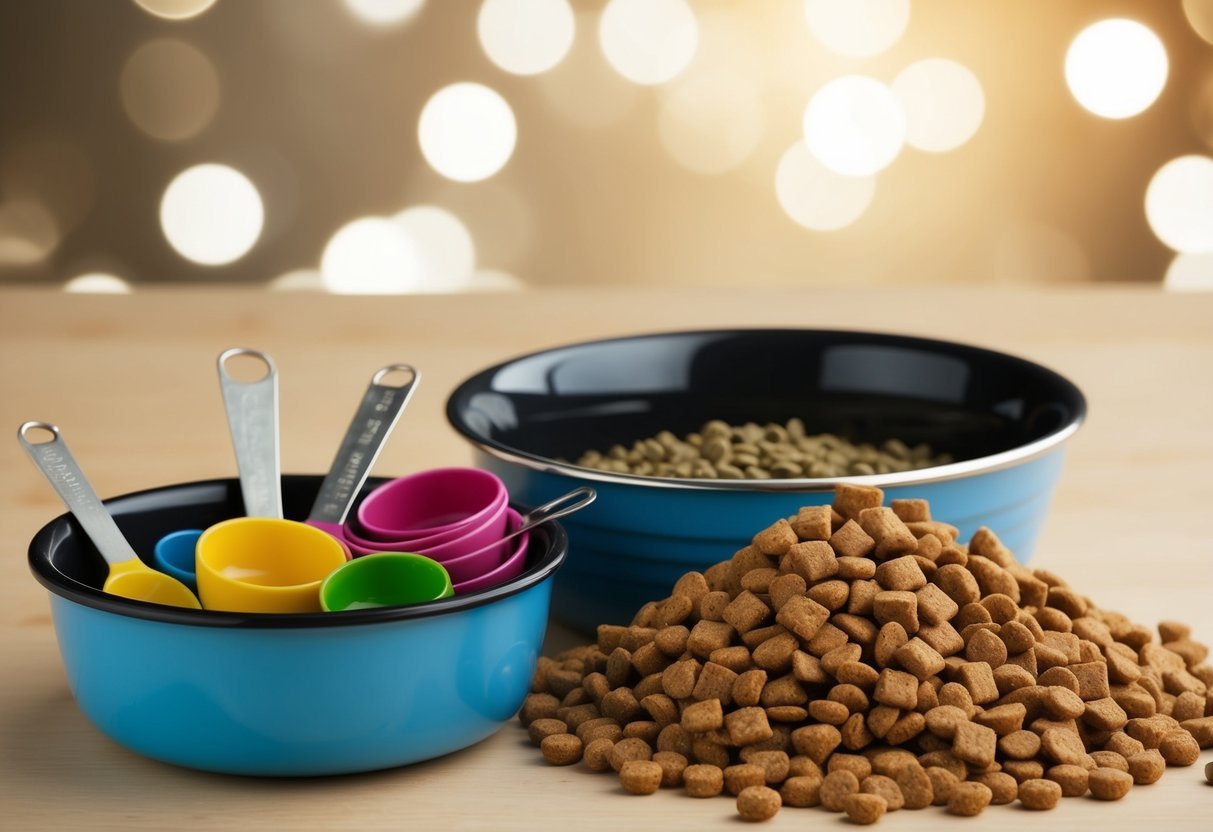 A dog bowl filled with various measuring cups and spoons next to a pile of dog food