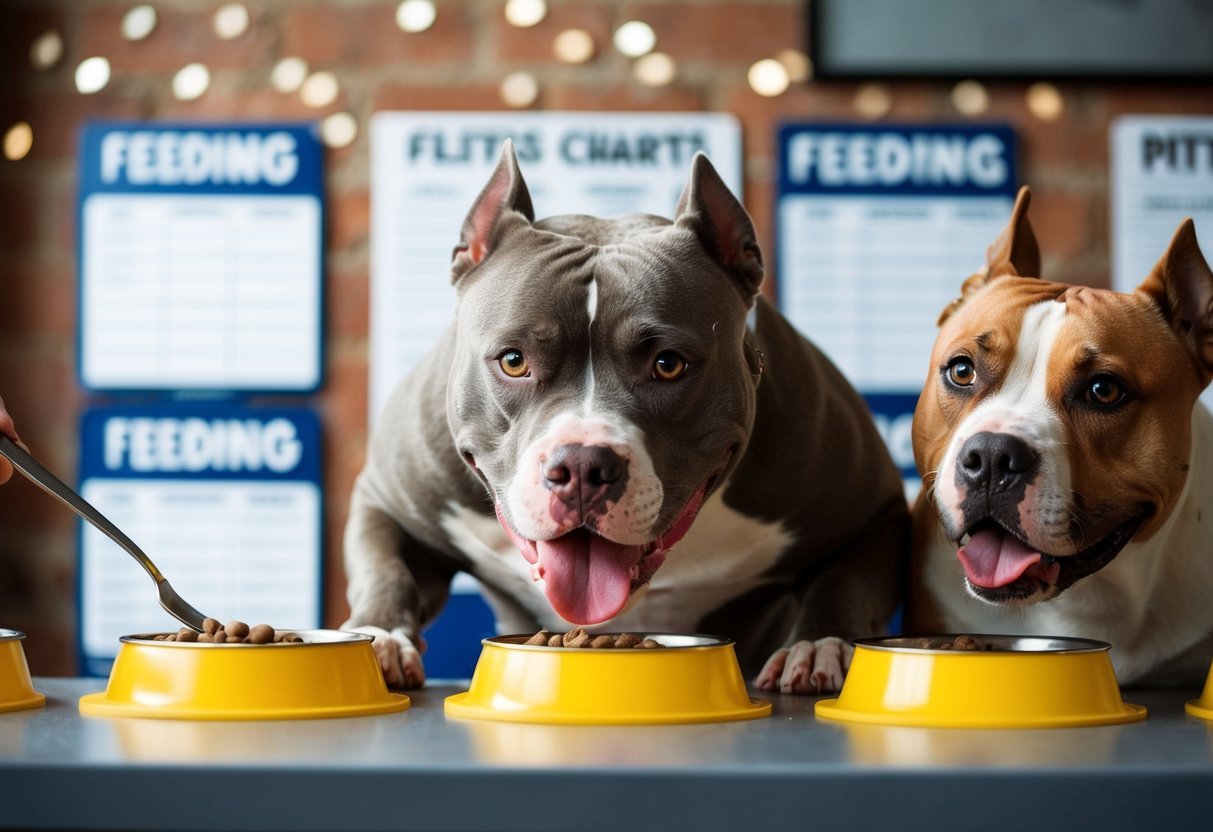 A pitbull eagerly eating from a bowl, while another pitbull looks on hungrily.</p><p>Different feeding charts are displayed in the background