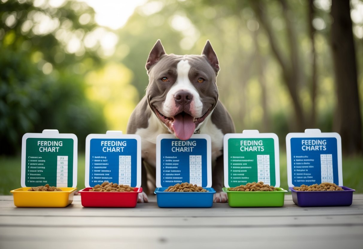 A pitbull happily eating from five different feeding charts, each one labeled with specific dietary instructions