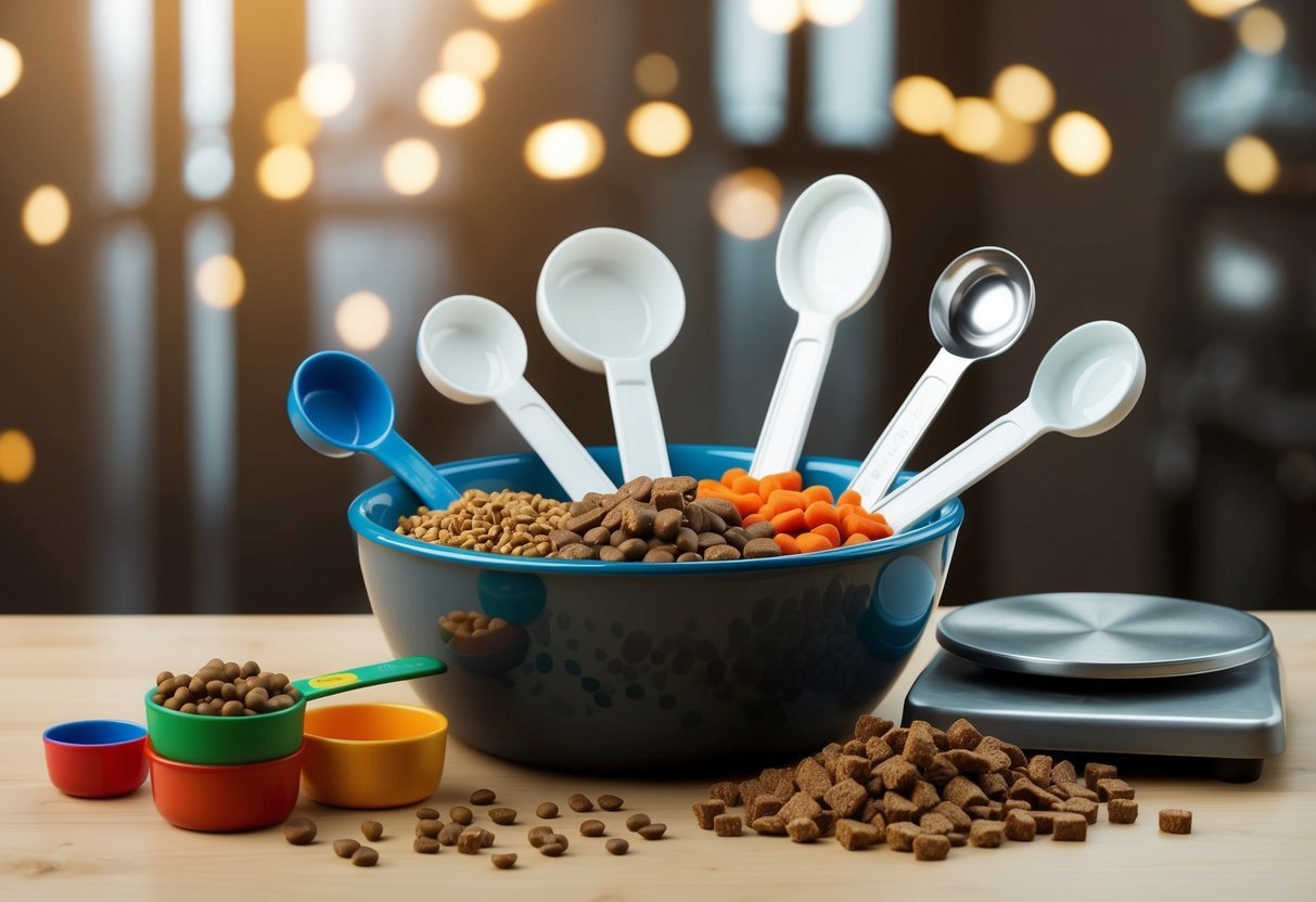 A dog bowl filled with various measuring cups and spoons, surrounded by different types of dog food and a scale nearby