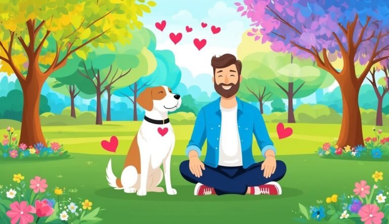 Man and dog sitting in a park with hearts floating above them