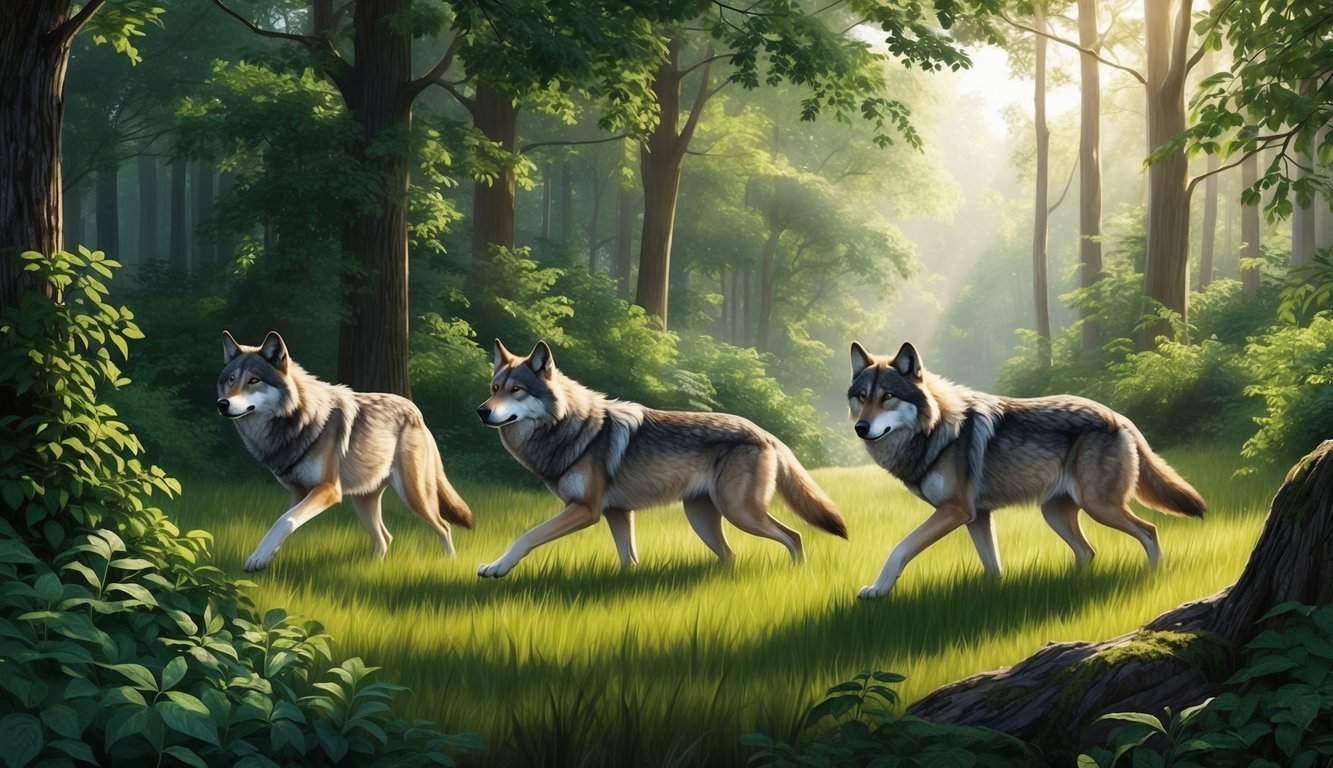 Three wolves walking through a sunlit forest clearing