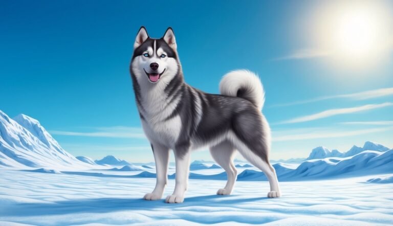 A smiling husky dog stands on a snowy landscape under a bright sun