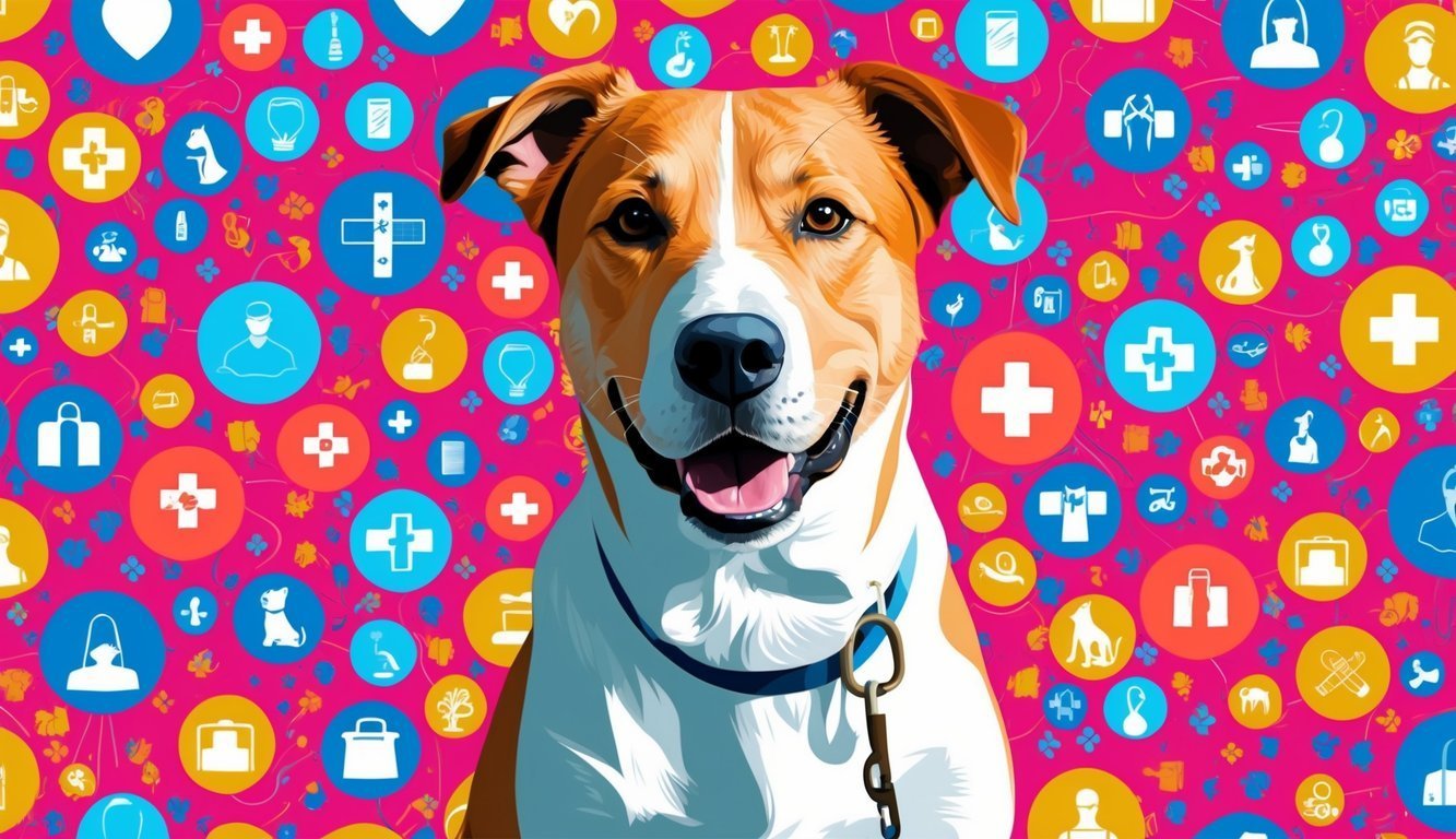 Smiling dog with medical icons on a pink background