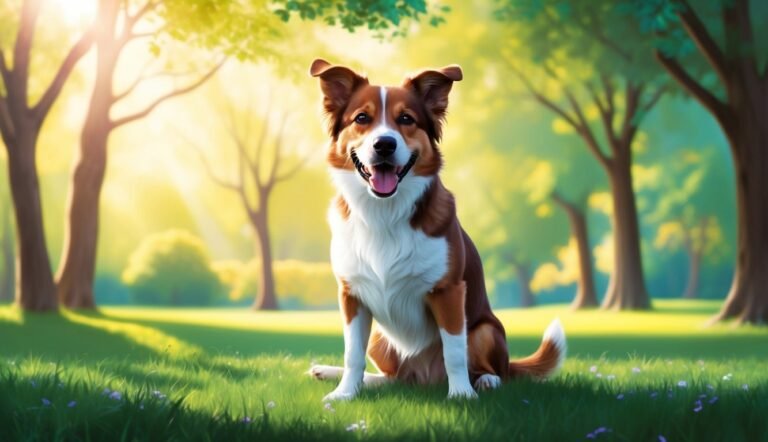 Smiling brown and white dog sitting in a sunny park